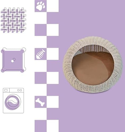 CBD3000C Fiora 19.5" x 18" Modern Circular Faux Wicker Pet Bed with Machine-Washable Cushion, Cat Beds for Indoor Cats, White