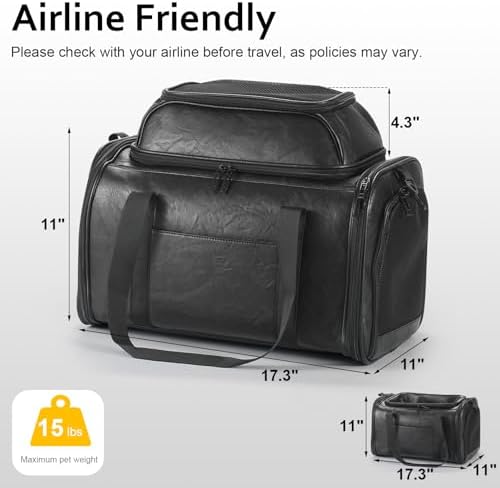 Premium Leather Top Expandable Pet Carrier for Small Dogs & Cats Under 15 lbs, Airline Approved Collapsible Soft-Sided Luxury Travel Bag Black