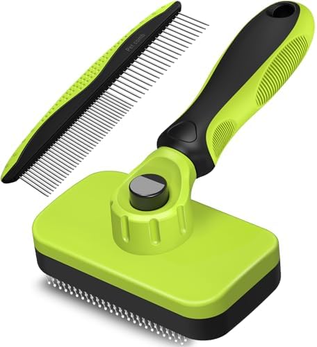 2PCS Self Cleaning Slicker Brush & Dog Comb - Skin Friendly Deshedding Grooming Tool for Dogs, Cats and Small Animals, Professional Deshedding Dematting Tool for Long and Short Haired Pets (Green)
