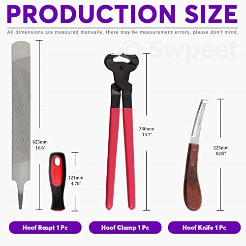 Swpeet 8Pcs Professional Farrier Tools Value Kit with Roll Pack, Horses Hoof Trimmers Shears Tools, Hoof Cutter, Farrier Rasp File and Rubber Handle, Hoof Nipper, Horseshoe Brush, Hoof Knife