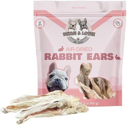 Benji & Louie Air Dried Whole Rabbit Ears with Fur, 6 Count, Natural Healthy Dog Treats or Dog Chews, Single Ingredient