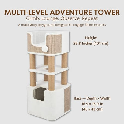 Trixie Lucano 39.8-in Cat Tree, Indoor Cat Furniture with Jute Scratching Posts, Sisal and Plush Covered Condo, Dangling Interactive Toys, Taupe