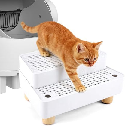 Adjustable Litter Box Step, Cat Litter Box Ramp/Catcher with Wooden Feet