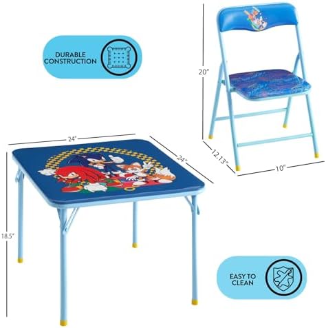 Sega Sonic The Hedgehog Kids Table and Chair Set, 3-Piece Square Table with 2 Folding Chairs for Playroom & Activities