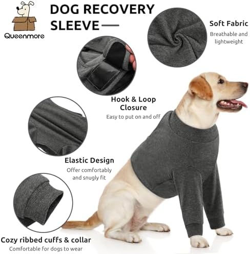 Queenmore Dog Leg Sleeve to Stop Licking, Alternative to Cone of Shame, After Surgery Dog Elbow Protector with Magic Tapes, Recovery Suit for Dogs Anti-Lick Wounds Sleeves, Grey, S