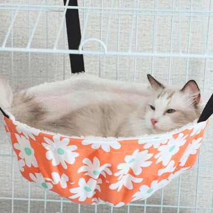 Warm Cat Hammock Lounge Hanging Bed for Cage Kennel Chair with Metal Frame, Adjustable Straps, Reversible Cat Bed, Machine Washable, Suitable for All Seasons (Orange,Small)