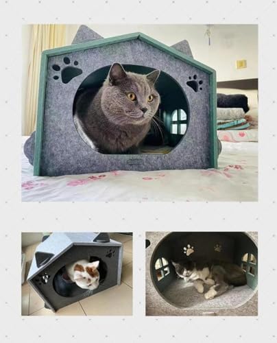 Removable Folding Model Cat Cottage Cat Bed, All Season Useful Litter Box, Fun for Cats or Dogs, The Peekaboo Foldable Felt Cat Cave and Cube for Small Medium Large Cats, Green