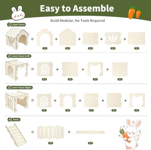Rypet Extra Large Wooden Rabbit Castle, Bunny House Hideout with Stairs