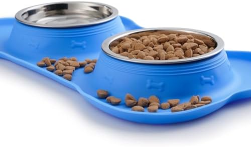 Hubulk Pet Dog Bowls 2 Stainless Steel Dog Bowl with No Spill Non-Skid Silicone Mat + Pet Food Scoop Water and Food Feeder Bowls for Feeding Small Medium Large Dogs Cats Puppies (Small, Blue)