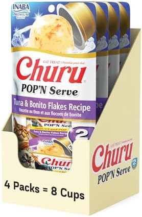 INABA Churu Pop'N Serve Jelly Cat Treat with Vitamin E & Taurine, 1.2 Ounce Cup, 8 Cups, Tuna & Bonito Flakes Recipe