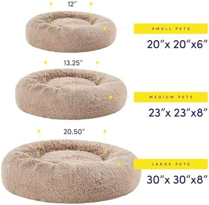Dog & Cat Bed: Round Faux Fur Pet Bed - Plush, Cozy, & Calming Donut Bed for Medium Pets - Soft & Comfortable Sleeping Cushion for Napping & Lounging, 23" Round, Taupe