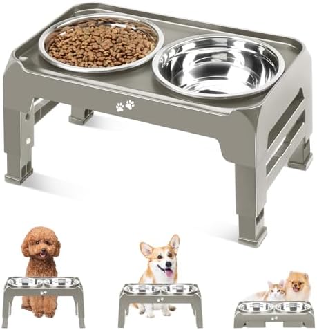 Elevated Dog Bowls for Small Dogs 3 Height Adjustable Raised Dog Bowl Stand with 25oz Stainless Steel Food Bowls Anti-Slip Small Dogs Feeder Adjusts to 7.5", 6", 2.75", Light Brownish Gray