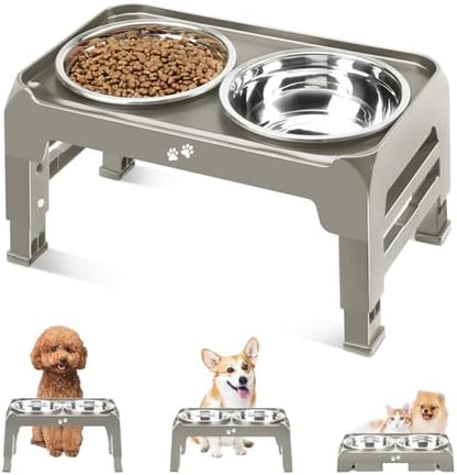 Elevated Dog Bowls for Small Dogs 3 Height Adjustable Raised Dog Bowl Stand with 25oz Stainless Steel Food Bowls Anti-Slip Small Dogs Feeder Adjusts to 7.5", 6", 2.75", Light Brownish Gray