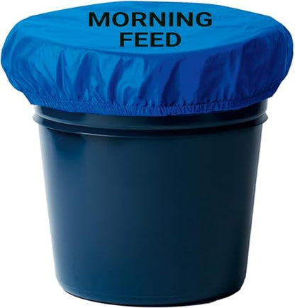 Horse Bucket Cover for Feed Protection & Organization, Keeps Flies & Dust Out, Elastic Fit for 2-5 Gallon Buckets, Livestock Feed Bucket Top - 1 Pack (Morning Feed)