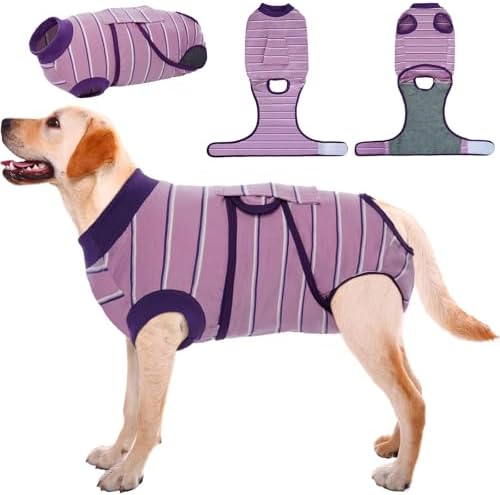 Kuoser Dog Surgery Recovery Suit, Soft Breathable Dog Recovery Suit for Female Spay Male Nueuter, Anti Licking Puppy Onesie Pet Surgical Suit for Dogs Abdominal Wounds Skin Disease, Purple Strips XL