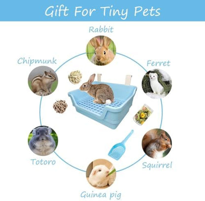 PINVNBY Large Rabbit Litter Box Deep Bunny Corner Toilet Box Double-Deck Small Animal Potty Trainer with Hooks for Adult Guinea Pig Chinchilla Ferret Chipmunk(Blue)