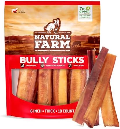 Natural Farm Odor-Free Thick Bully Sticks (6”, 18-pack) ALL-NATURAL Long-Lasting Dog Chews, 100% Beef Pizzle, Grass-Fed, Grain-Free, Protein for Muscle Development & Energy, Perfect For Medium Chewers