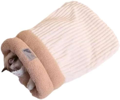 Cat Winter Sleeping Bag Soft Warm Cozy Pet Bed Sack for Indoor Cats or Small Dogs Durable Washable Sleeping Pad (Beige, Medium)