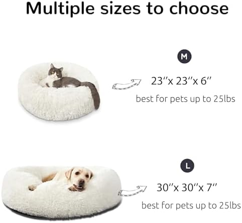 HACHIKITTY Calming Donut Cuddler Dog Bed, Round Fluffy Pet Bed for Large Dogs,Washable, Large, White, 30''