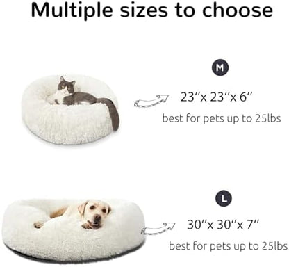 HACHIKITTY Calming Donut Cuddler Dog Bed, Round Fluffy Pet Bed for Large Dogs,Washable, Large, White, 30''