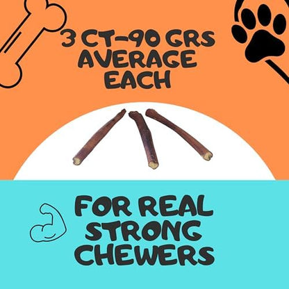 12" Monster Bully Sticks (3-Pack, 90g Each) Ultra Thick | 100% Natural Grass-Fed Beef Dog Chews, Odor-Free | Long Lasting Treats for Large Dogs & Extreme Aggressive Chewers | High Protein