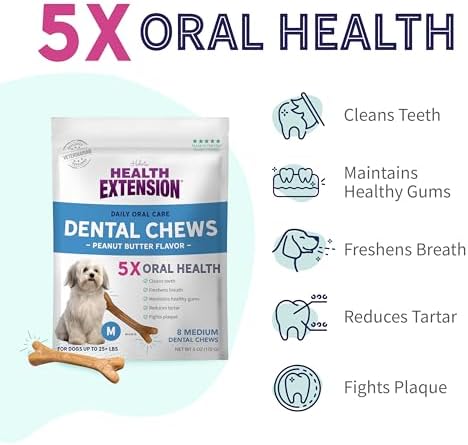 Health Extension Peanut Butter Dental Bones for Dogs, 8 Medium Bones, Healthy Gums, Freshens Breath, Cleans Teeth, Training or Reward, 6 oz Bag (Pack of 1)
