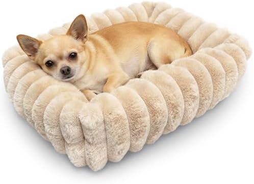 Tiny Pet Bed for Extra Small Dogs & Cats, Square Washable 18x14 Cat Bed with High Sides, Rectangle Calming Cat Beds for Indoor Kittens and Puppy, Soft Comfy Very Small Sofa for Pets Cozy Sleep, Beige