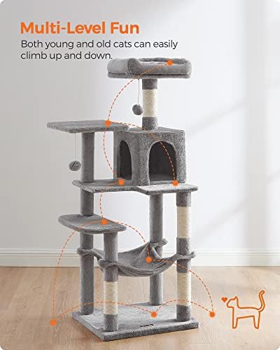 Feandrea Cat Tree, 54.2-Inch Cat Tower, Multi-Level Condo, Light Gray
