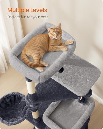 Feandrea Cat Tree Indoor, 60" Multiple-Level Plush Cat Tower, Dark Gray