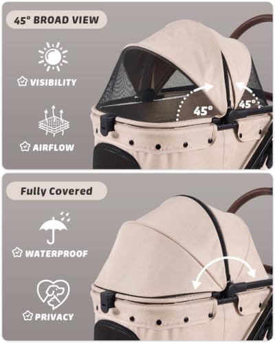 797Audio Dog Cat Stroller for Small Medium Pets,3-in-1 Foldable Pet Stroller with Detachable Carrier,Car Seat,One Click Folding,All-Terrain 4 Wheels,Adjustable Canopy with Sun Shades,Max 121lbs(Beige)