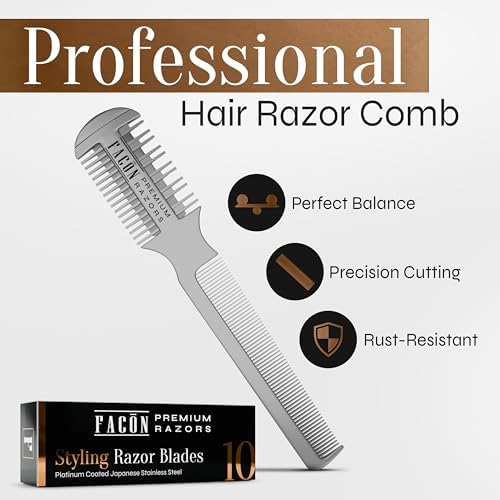 Facón Razor Comb for Hair Cutting - Professional Hair Cutting Comb Kit with 12 Replacement Blades, Double Edge Shaper for Salon & Home, Premium Styling Thinning Texturizing Split Ends Trimming Razor