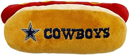 Pets First NFL Dallas Cowboys HOT Dog Plush Dog & CAT Squeak Toy - Cutest HOT-Dog Snack Plush Toy for Dogs & Cats with Inner Squeaker & Beautiful Football Team Name/Logo, 8 x 5 x 3 Inches