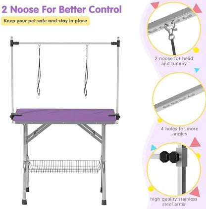 Lyromix 36'' Stainless Steel Pet Dog Grooming Table, Arm/Noose/Tray, Purple