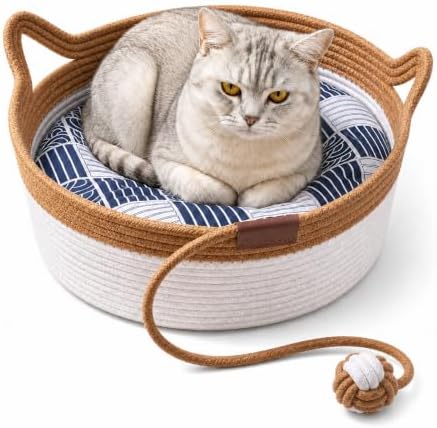 Instinct Basket for Cats - Handwoven Cotton Rope Enrichment Bed with Attached Toy Tail, Scratchable Interactive Pet Nest Features Flexible Walls to Fight Boredom & Protect Furniture (Brown & Mat, M)