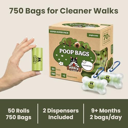 Pogi’s Dog Poop Bags – Leak-Proof & Extra Thick Pet Waste Bags with 2 Holders (Unscented, 50 Rolls, 750-Count)