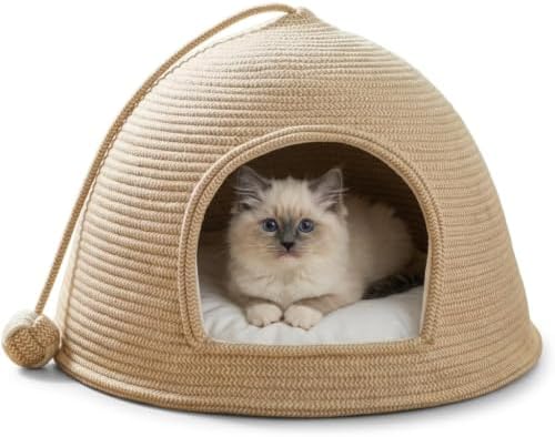 Large Woven Cat Cave Bed for Indoor Cats - 21" x 12" Covered Cotton Rope Cat House Hut with Soft White Cushion & Dangling Ball Toy - Scratch-Resistant Private Pet Tent Hideaway
