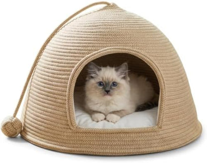 Large Woven Cat Cave Bed for Indoor Cats - 21" x 12" Covered Cotton Rope Cat House Hut with Soft White Cushion & Dangling Ball Toy - Scratch-Resistant Private Pet Tent Hideaway