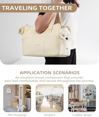 ONECUTE Dog Carrier for Small Dogs Rabbit cat with Large Pockets, Cotton Bag, Dog Carrier Soft Sided, Collapsible Travel Puppy Carrier (Beige, 17" L x 7.5" W x 12" H)