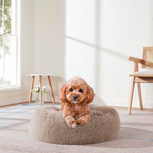 Dog & Cat Bed: Round Faux Fur Pet Bed - Plush, Cozy, & Calming Donut Bed for Medium Pets - Soft & Comfortable Sleeping Cushion for Napping & Lounging, 23" Round, Taupe