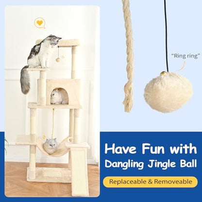Cat Craft Cat Tree 63 Inch Cat Tower for Indoor Cats, Multi-Level Cat Tree for Large Cats 20 lbs+ Heavy Duty Cat Tower with Sisal Scratching Posts, Hammock, Condo and Extended Platform, Beign