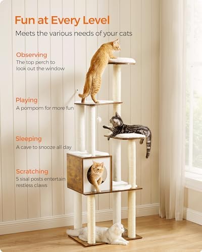 Feandrea Cat Tree, 64.6-Inch Multi-Level Tower with 5 Scratching Posts