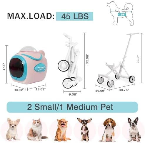 4 in 1 Foldable Pet Stroller with Detachable Carrier for Small Dogs & Cats, Space Capsule Travel Stroller with Inbuilt Fan,Temperature Display & Night Light,Puppy Kitty Doggie Bunny Stroller(Pink)
