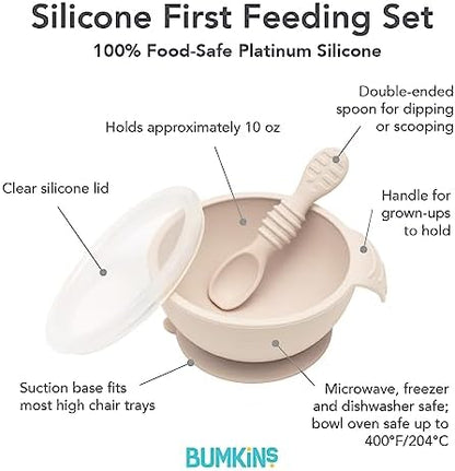 Bumkins Feeding Set with Suction, Includes Spoon and Lid, Training Essentials for Baby-Led Weaning, Toddler Self-Feeding, Babies Eating at 4 Mos Up, Beige
