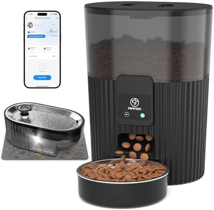 PAPIFEED Automatic Cat Feeder and Water Fountain Stainless Steel, Auto Cat Food & Water Dispenser, Quiet Pet Drinking Fountain with LED, Timed Cat Feeder with App, 10 Meals/Day, Smart Cat Feeder Set