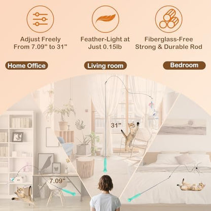 Retractable Cat Wand Toy with 4 Bug-Inspired Feather Refills