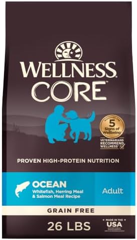Wellness CORE Adult Dry Dog Food, Grain Free Kibble, Natural, High Protein, Chicken Free, Whitefish, Herring and Salmon Recipe, 26 lb Bag