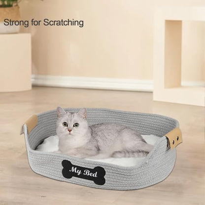 Cat Beds for Indoor Cats, 21.6''X15.7'' Cotton Rope Kitty Nap Bed with Soft Cushion, Handwoven Basket - Scratch Resistant