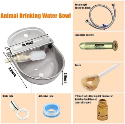 Automatic Livestock Waterer, 304 Stainless Steel Auto Fill Drinking Bowl with Float Valve, Drainage Hole & Protective Baffle, Wall Mount or Floor Stand, for Dogs, Chickens, Horses, Goats, Pigs