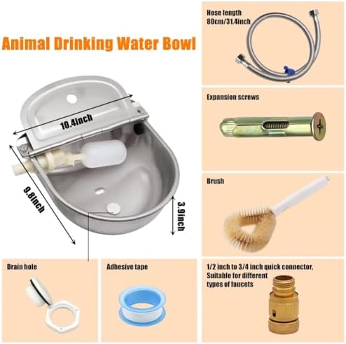 Automatic Livestock Waterer, 304 Stainless Steel Auto Fill Drinking Bowl with Float Valve, Drainage Hole & Protective Baffle, Wall Mount or Floor Stand, for Dogs, Chickens, Horses, Goats, Pigs