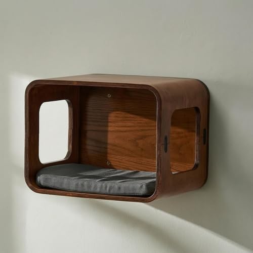 Space-Saving Wall-Mounted Cat Box | Feline Perch Bed, snug, for Small Apartments, Living Room, Cats, Walnut